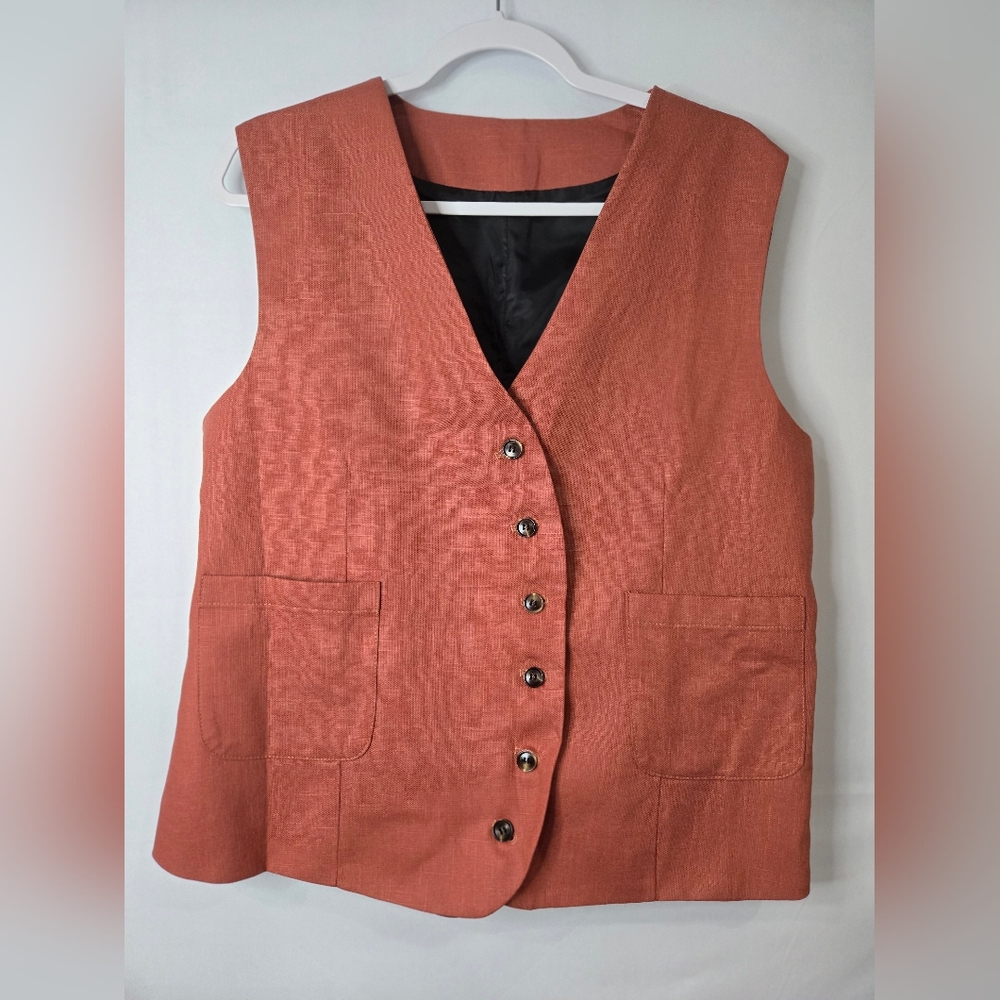 Rust Orange Button-Up Vest Size XL Linen Cotton Blend